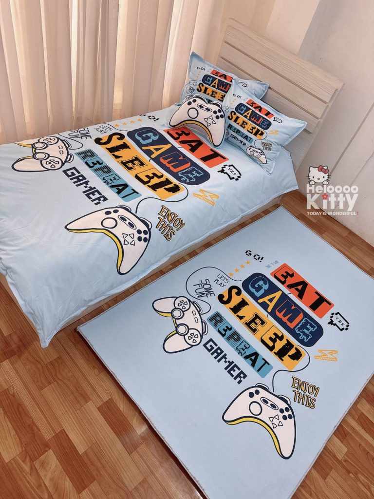 روتختی یکنفره نوجوان طرح Eat Game Sleep Repeat با فرش ست